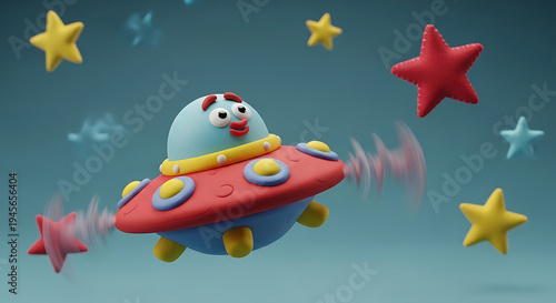 a cute claymation ufo character flying through a whimsical blue space surrounded by colorful stars ideal for playful kids content.