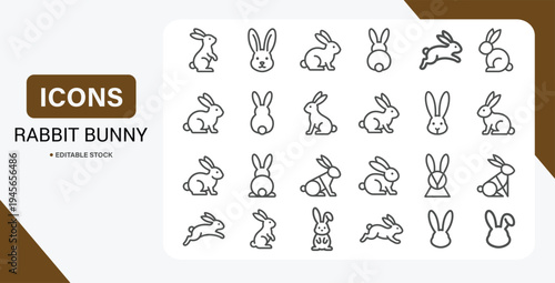 Cute bunny rabbit outline icon set with red line characters for Easter animal vector collection.