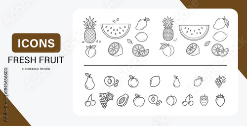 Fresh fruit outline icon set with pineapple, watermelon, mango, papaya and healthy food vector elements on transparent background.