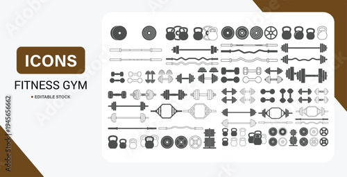 Fitness gym equipment icon set with barbell, dumbbell, kettlebell and strength training workout symbols on transparent background.