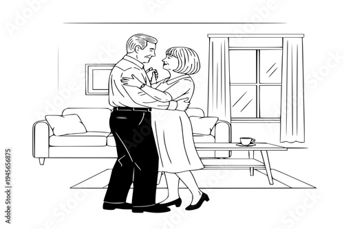 Senior Couple Dancing Living Room Enduring Love Long Term Marriage Anniversary Black Vector Silhouette