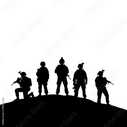 Silhouette of Soldiers Standing on Hilltop with Rifles