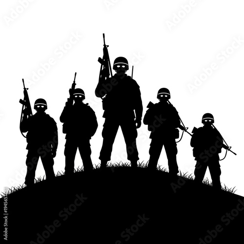 Silhouette of Soldiers Standing on Hilltop with Rifles