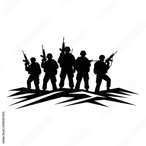 Silhouette of Soldiers Standing with Rifles on Jagged Terrain