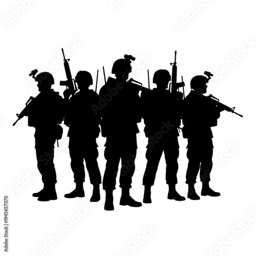 Silhouette of Soldiers with Rifles Standing Together, Military Teamwork Concept