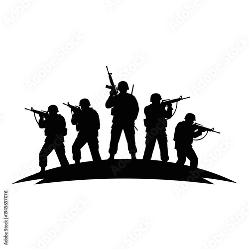 Silhouette of Soldiers with Rifles Standing on Hilltop at Sunset