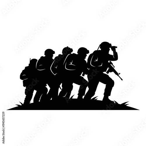 Silhouette of soldiers advancing in formation with rifles, tactical gear, and helmets