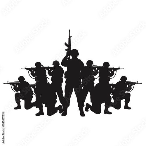 Silhouette of Soldiers in Combat Formation with Rifles
