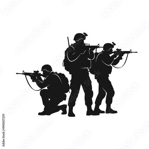 Silhouette of soldiers aiming rifles, tactical operation, military action, teamwork, combat readiness
