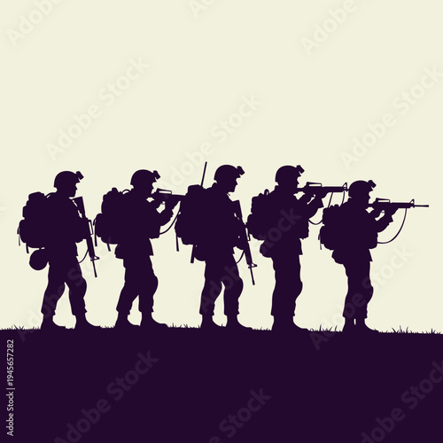 Silhouette of soldiers in formation with rifles, ready for action.