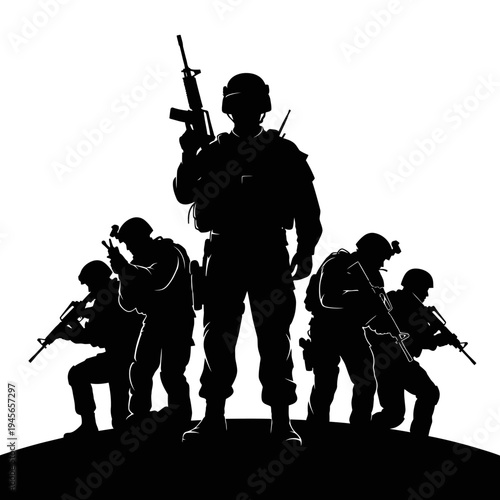 Silhouette of soldiers in formation, ready for action, tactical gear, military mission