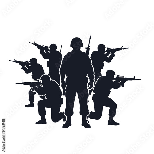 Silhouette of soldiers in tactical gear with rifles, ready for action, military teamwork