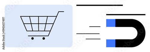 E-commerce, online shopping, digital marketing, customer attraction, sales growth, conversion optimization. Simple shopping cart with a magnet symbol. E-commerce and customer attraction concept
