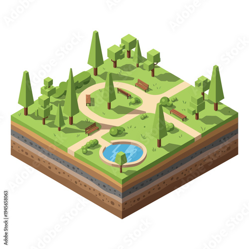 Isometric Park Scene with Trees and Pond.