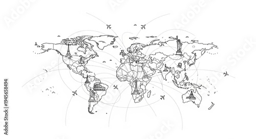 Detailed World Map Outline Depicting Continents and Geographic Boundaries.