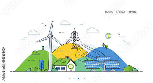 Sustainable Energy Landscape with Wind Turbine, Solar Panels, and Mountain.