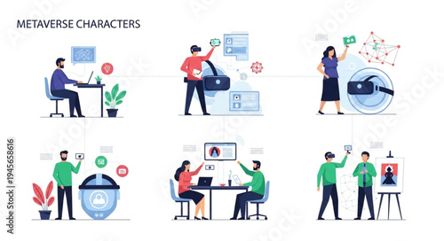 Illustrations of Metaverse Characters Engaging with Virtual Environments.