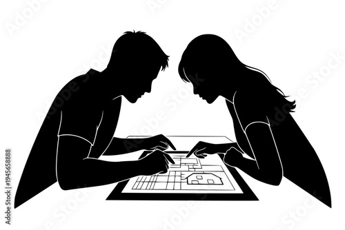 Couple Planning Budget Financial Goals House Plans Marriage Teamwork Management Black Vector Silhouette