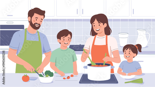 Happy family cooking together in modern kitchen illustration with parents and children preparing healthy meal in flat style