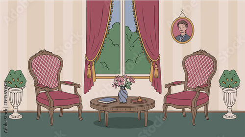Elegant Victorian sitting room interior illustration with ornate armchairs, striped wallpaper, round table, floral vase, and classical decor