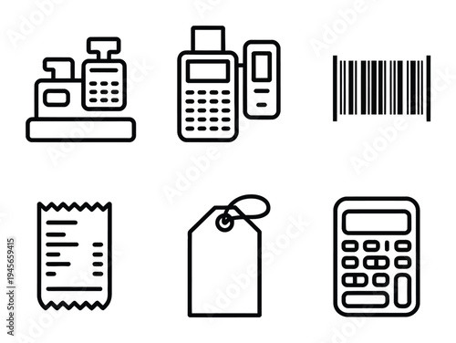 Collection of Retail and Business Cash Register, POS, Barcode, Receipt, Tag, Calculator