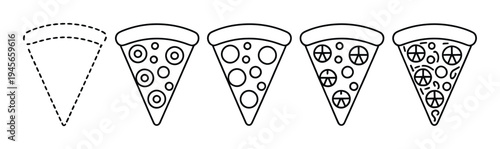 Five slices of pizza, from outline to detailed toppings