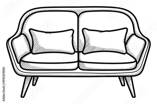Hand-drawn of a vintage two-seater sofa with cushions