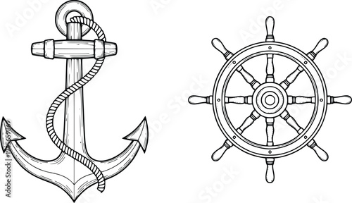 Nautical Anchor and Ship's Wheel