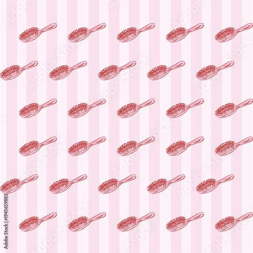 Seamless Hairbrush Pattern on Pink Stripes Background, Cute Hand Drawn Hair Brush Vector, Trendy Coquette Aesthetic Design for Beauty Branding, Nursery Textiles, Feminine Gift Wrapping Paper and Digit