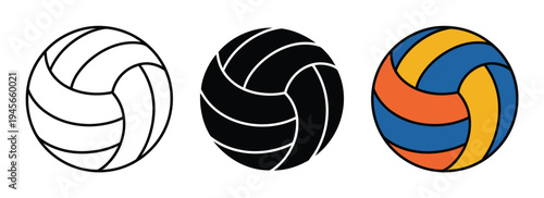 Three Volleyballs: Outline, Silhouette, and Colored