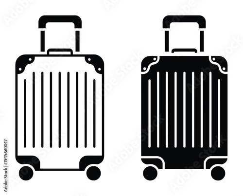 Two stylized suitcases, one white and one black, with wheels and handles