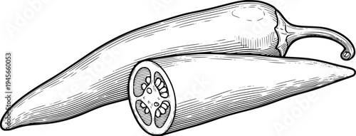 Vintage of a Whole and Sliced Jalapeño Pepper