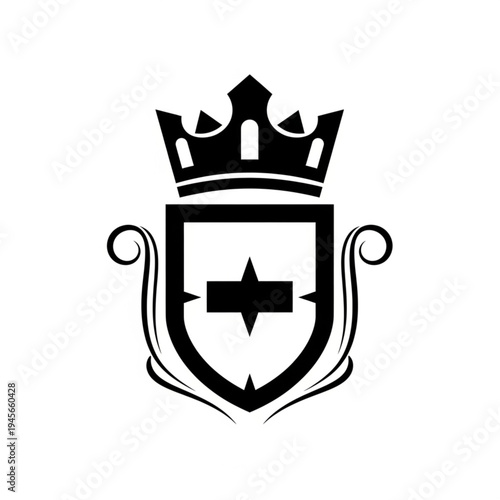 A stylized black and white crest featuring a crown and shield with decorative swirls.