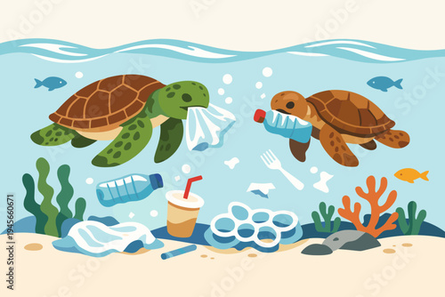 Sea Turtles Eating Plastic Waste in the Ocean, Flat Vector Illustration of Marine Pollution with Plastic Bags, Bottles, and Trash Underwater, Environmental Awareness Concept for Global Ecology.