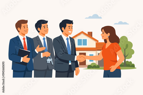 Professional Real Estate Agents Shaking Hands with a Woman Customer After Selling a House, Salesmen Handing Over Keys to New Homeowner, Property Investment and Mortgage Agreement Illustration.