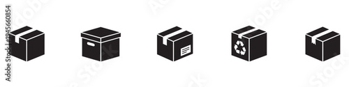 Cardboard shipping boxes icon set. Isometric delivery packages with recycle sign and tape, warehouse storage and logistics symbols. Flat vector illustration on white background. Vector Illustration.