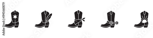 Cowboy boots icon set. Western wild west footwear silhouettes with sheriff star, feather, bandana, spurs and sunset desert elements, flat vector illustration on white background. Vector Illustration.