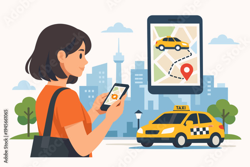 Woman Using Mobile App to Book Yellow Taxi in City, Flat Vector Illustration of Ride-Sharing Service with Smartphone, Map Navigation, and Urban Skyline Backdrop for Digital Marketing and Advertising.