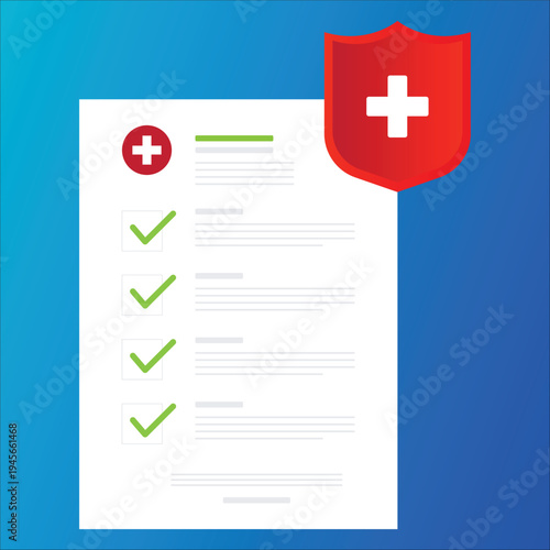 Medical checklist healthcare protection document shield cross verification wellness prevention safety insurance icon vector illustration.