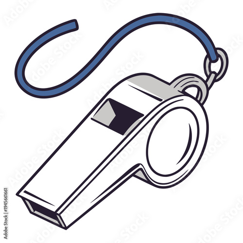 Shiny whistle with blue cord on white background isolated sports