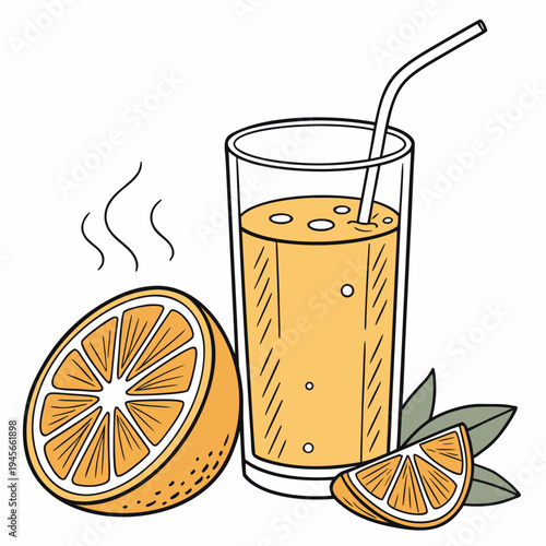 Glass of orange juice with straw and orange slices drink beverage