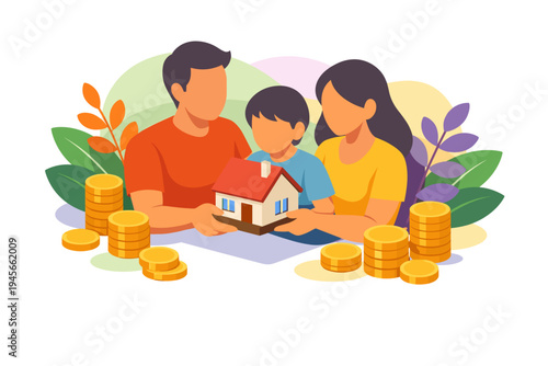 Family holding a house model surrounded by coins and plants.