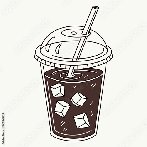 Iced cola with ice cubes in a clear plastic cup straw drink