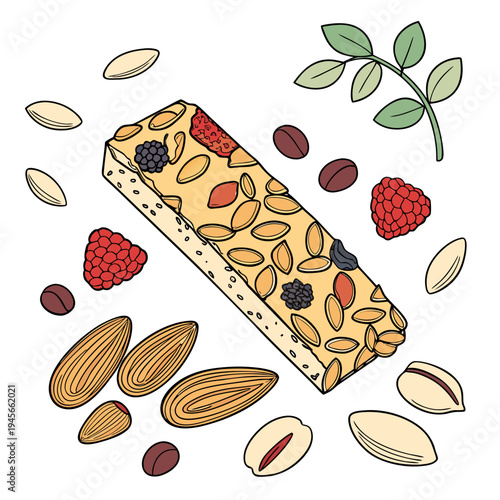 Cartoon of a granola bar with nuts, seeds, and fruits