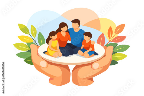 Family protected by caring hands and nature elements.