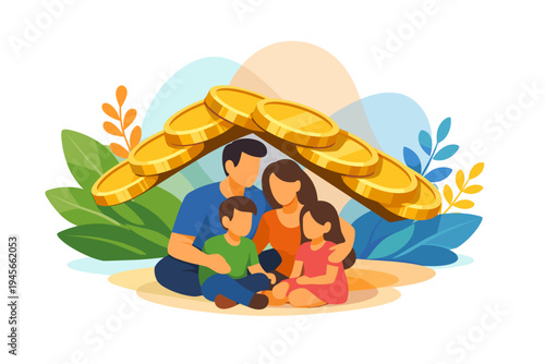 Family Protected Under Golden Coins Roof Financial Security Concept.