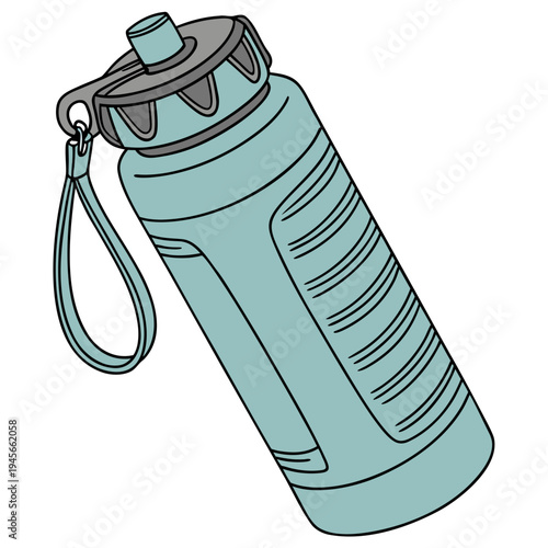Teal colored water bottle with gray cap and strap white background