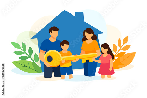 Family Receives Key To New Home With Blue House Icon.