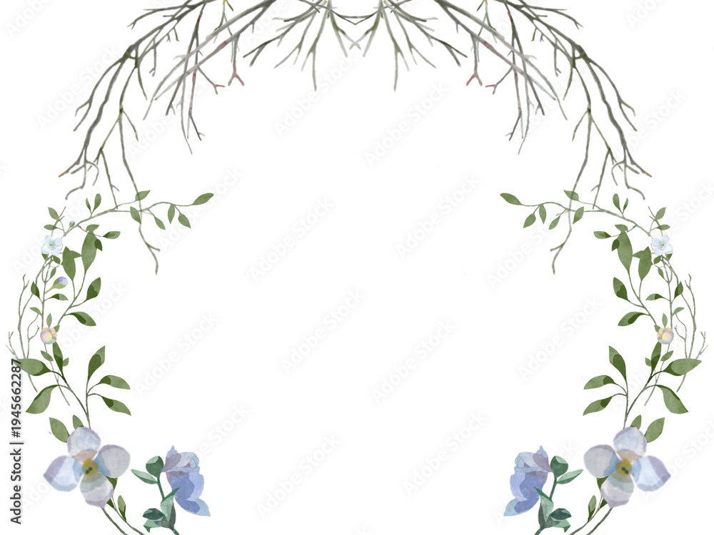 Fototapeta premium Blue Flowers and Branches A6 Frame Transparent for wedding engagement prom formal birthday party winter to spring seasons easter growth floral border watercolour illustration flower background png