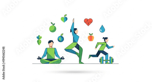 Healthy Lifestyle Illustration - Yoga, Exercise, and Balanced Diet for Wellness.